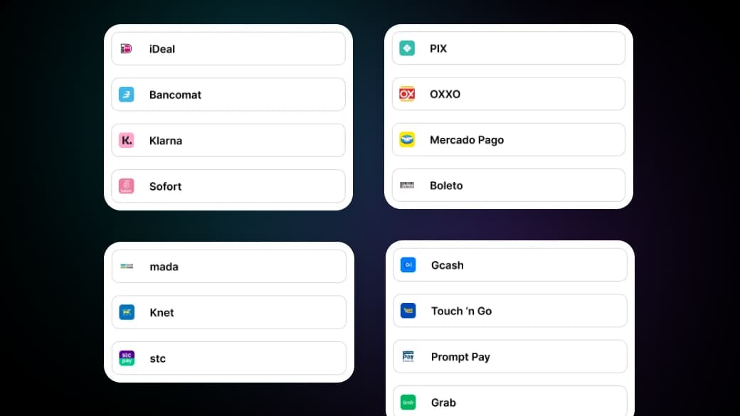 Local payment methods grid showing regional wallets and bank rails