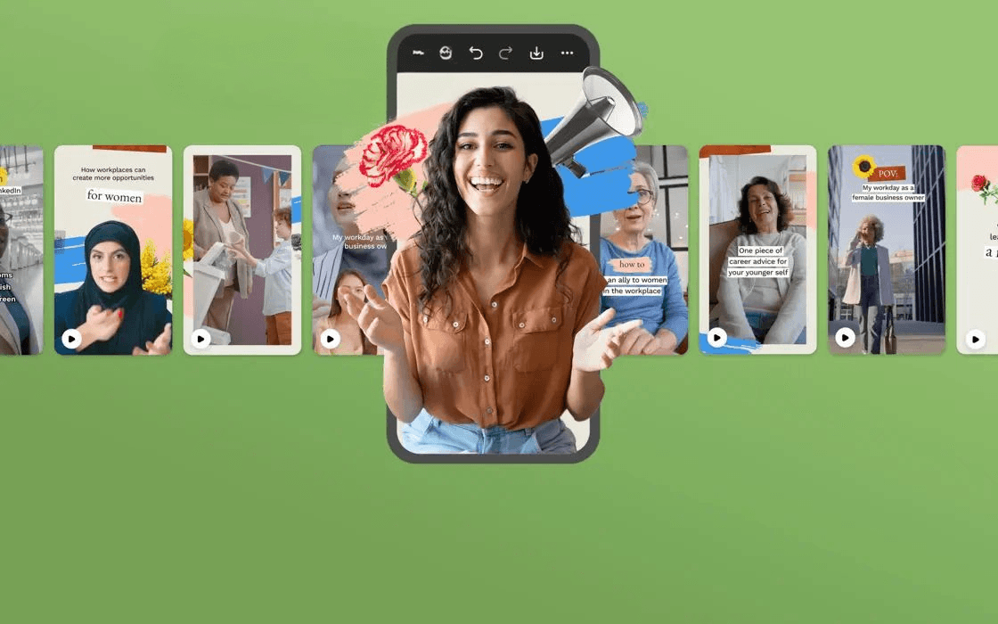 Content platform phone mockup with floating creator video thumbnails