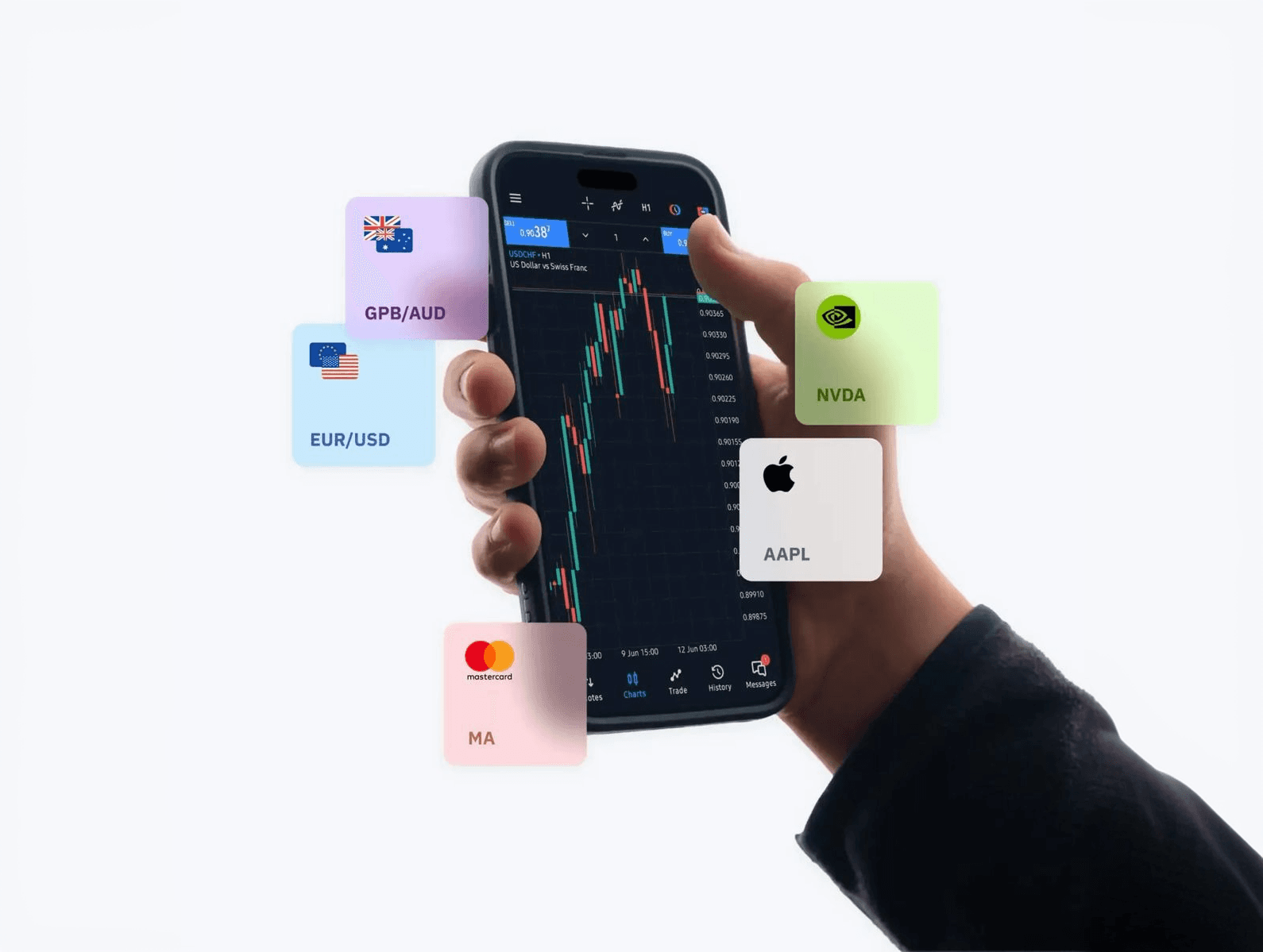 Smartphone showing a trading chart with currency pairs and card payment overlays