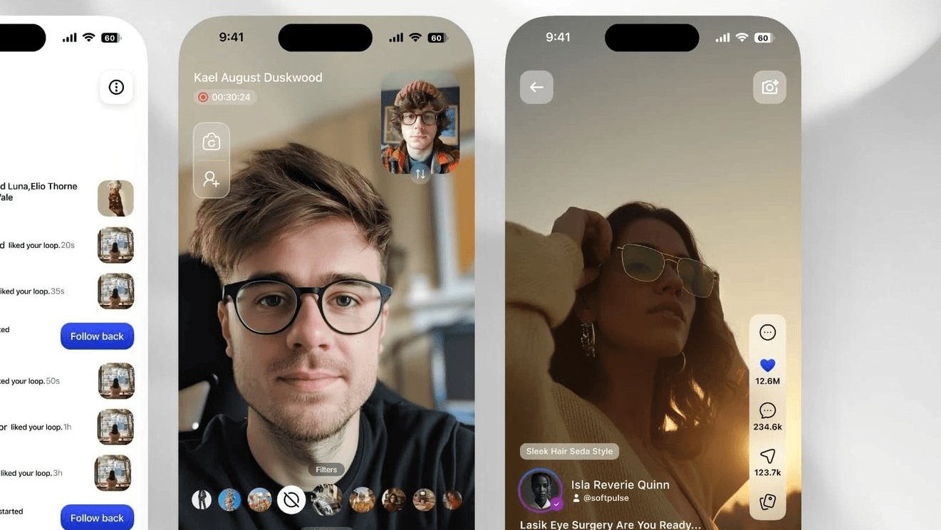 Mobile social and voice chat app screens showing live hosts and engagement