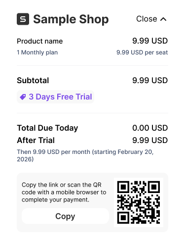 Sample shop subscription invoice with 3 days free trial