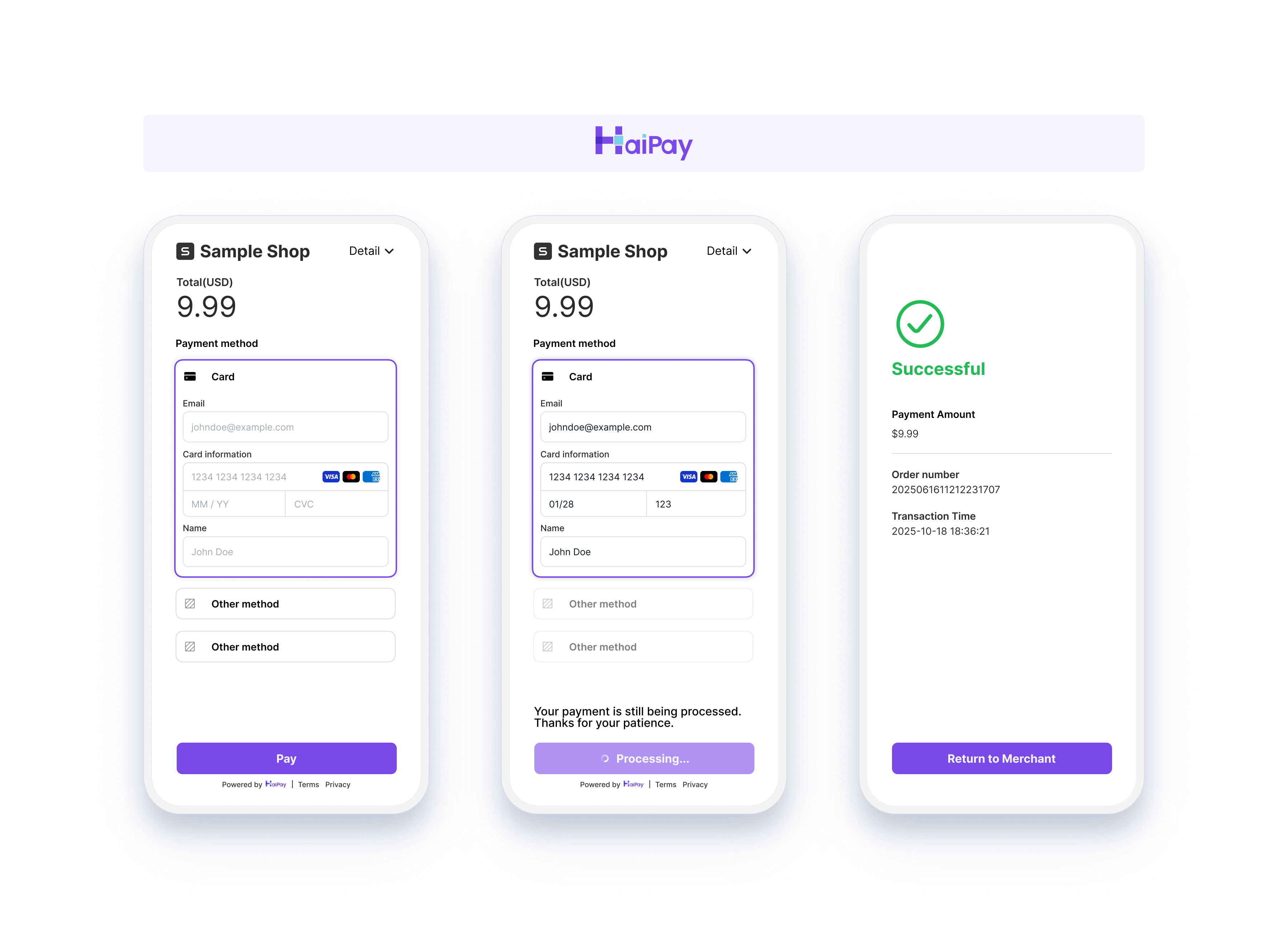 Card payment process with card details on HaiPay checkout