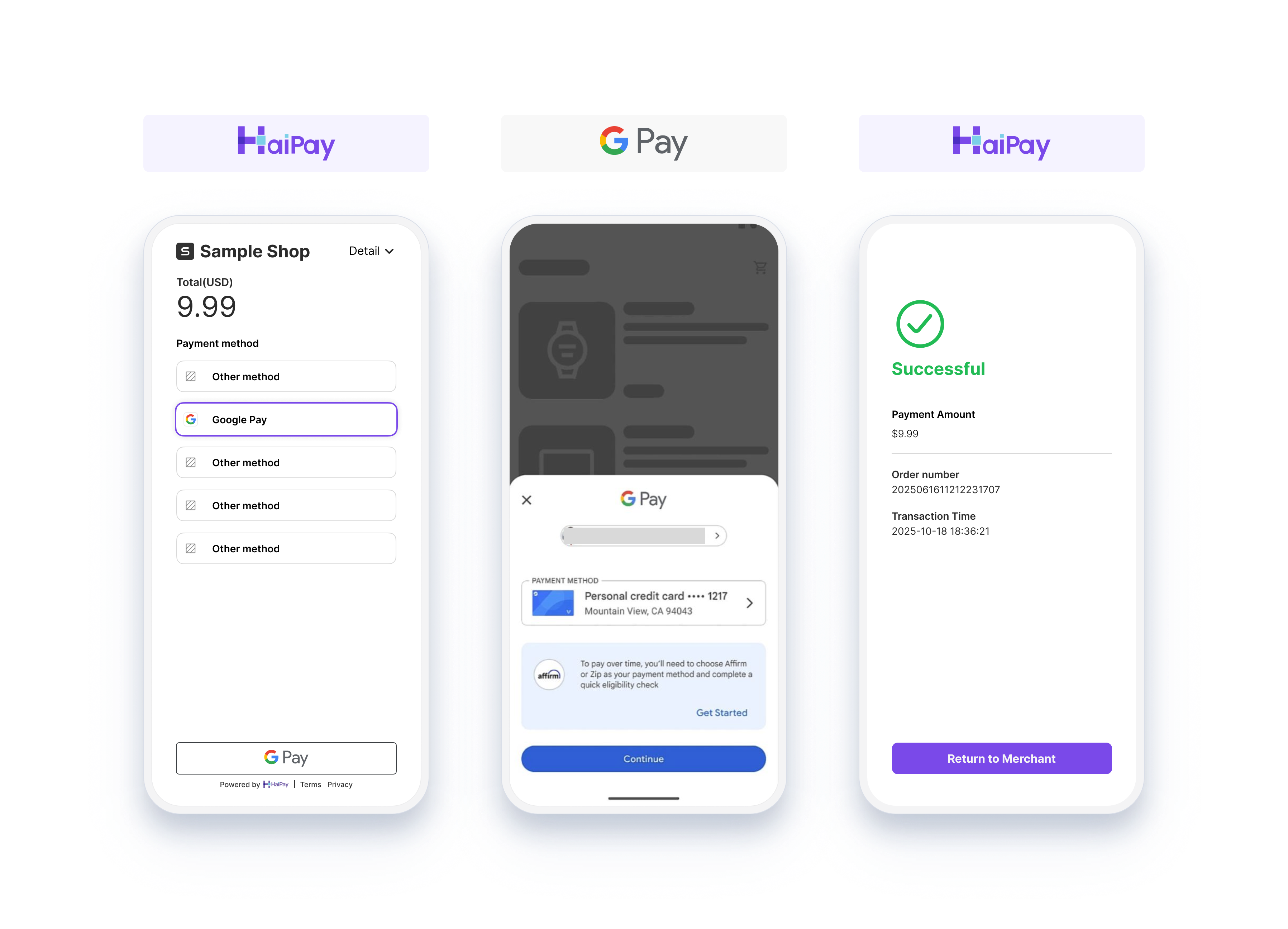 Google Pay payment process on HaiPay checkout