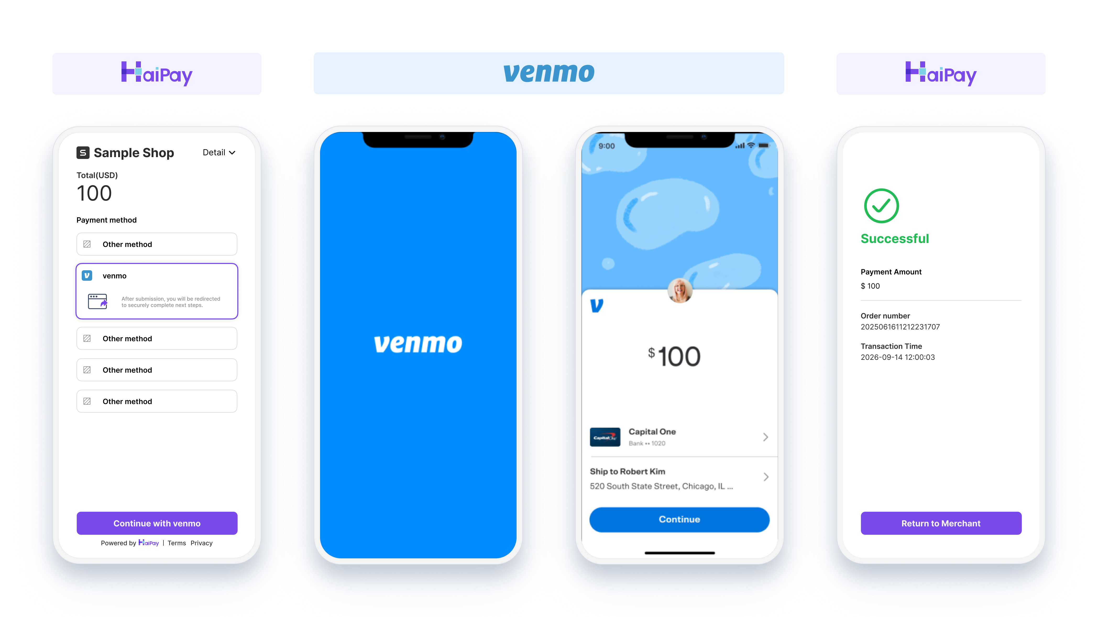 Venmo payment process on HaiPay checkout
