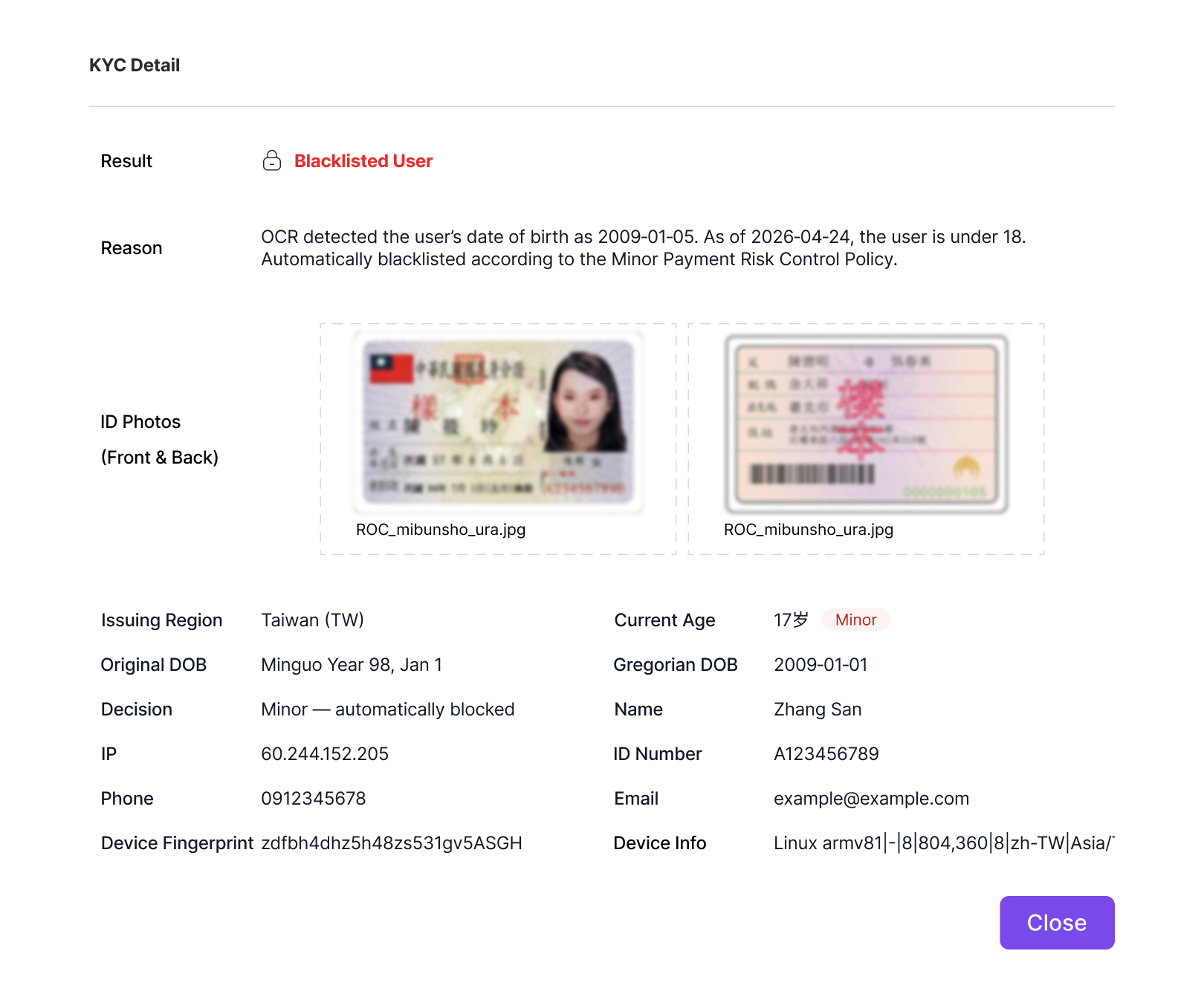 Compliance certifications and KYC verification interface for payout providers